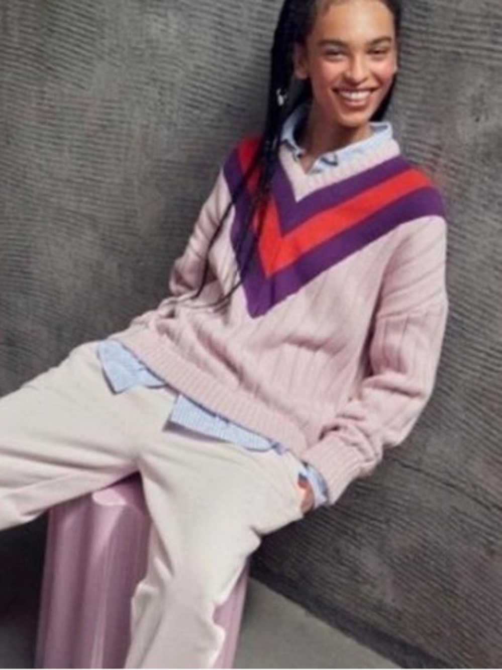 KULE Pink YALE V-Neck sz M cotton/cashmere blend Sweater Purple/Red Chevron